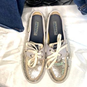 Sperry Sz7 Silver Sequin Boat Shoes